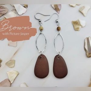 Brown Natural Sea Glass and Picture Jasper Lightweight Earrings